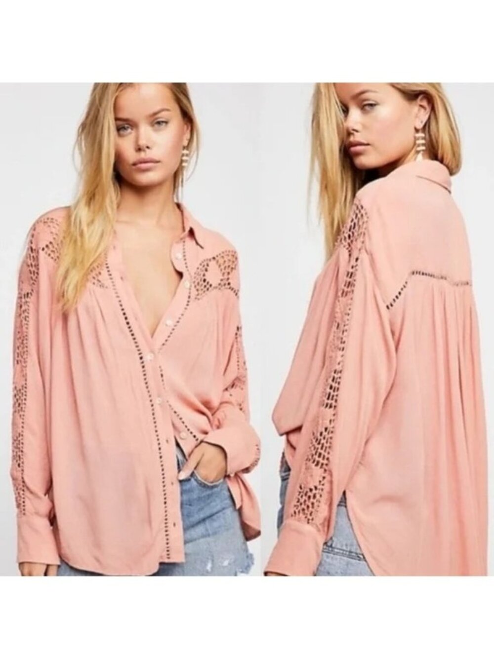Free People Katie Bird Shirt Small Crochet Inset Button Up Flowy Feminine Chic